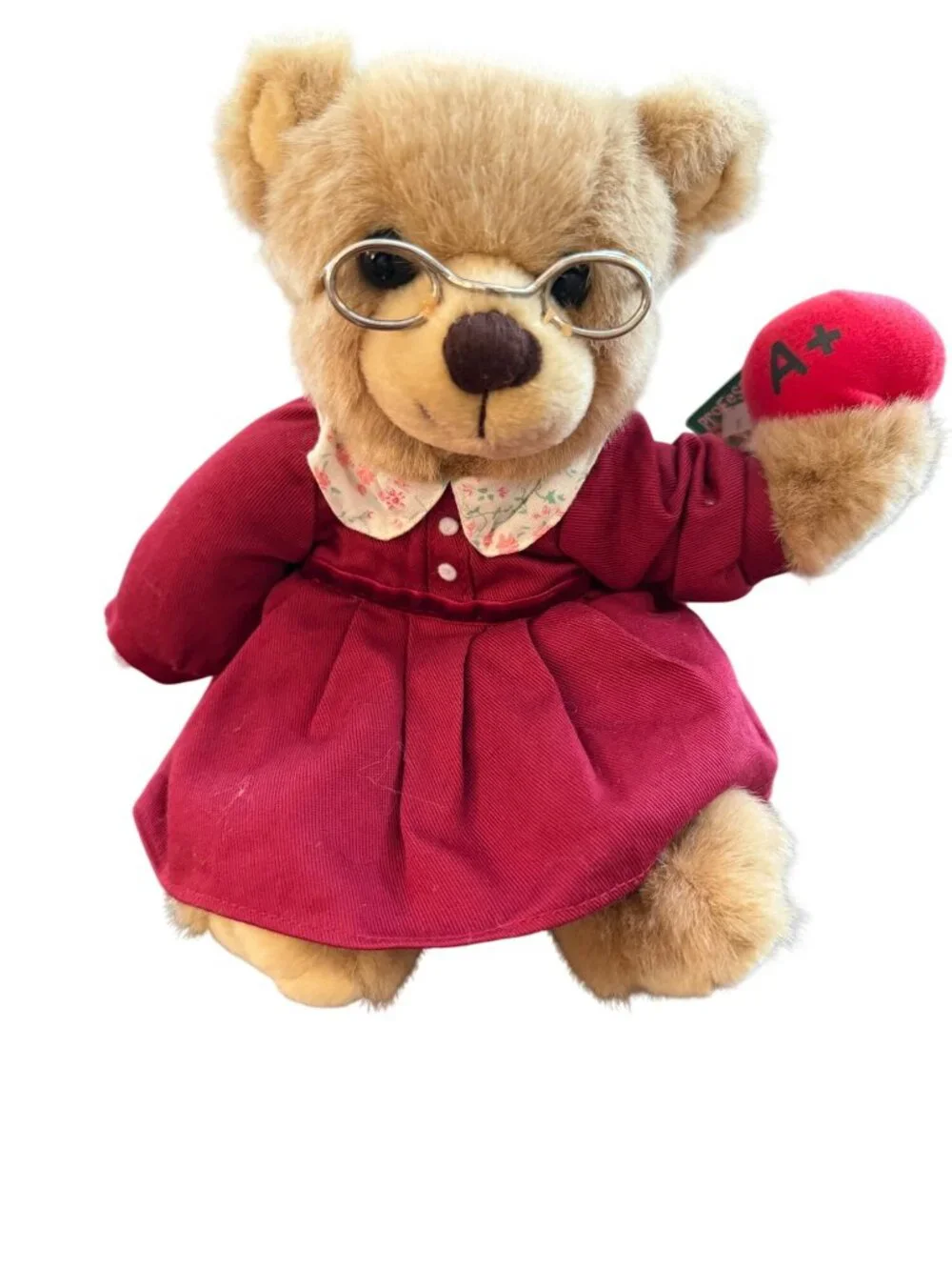 Vintage Professor Bear Plush Teacher Teddy A+ Apple Glasses Red Dress Stuffed An